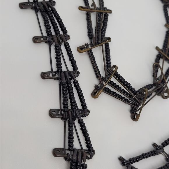 Boho Luxe Thunderbird Necklace Black Bead Safety Pin Vintage Tribal Statement - Picture 4 of 9